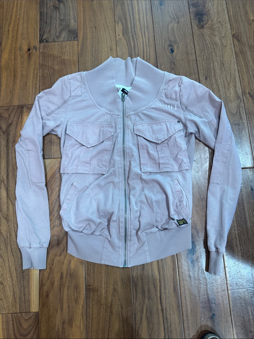G Star Vintage Dusty Pink Women's Bomber Jacket, zippered front, pockets, knit